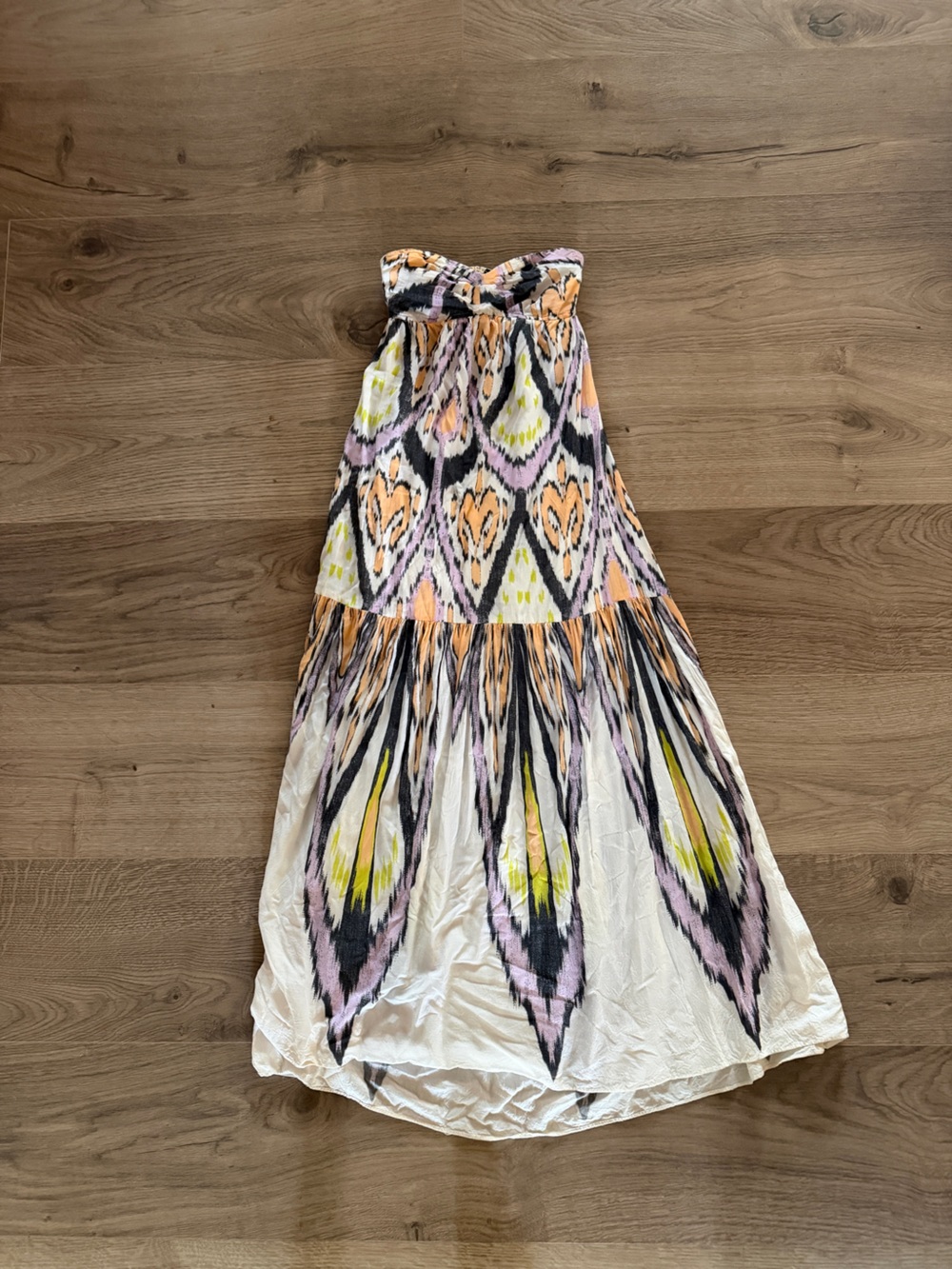 Free People Strapless Ikat Maxi Dress in White, Pink & Yellow